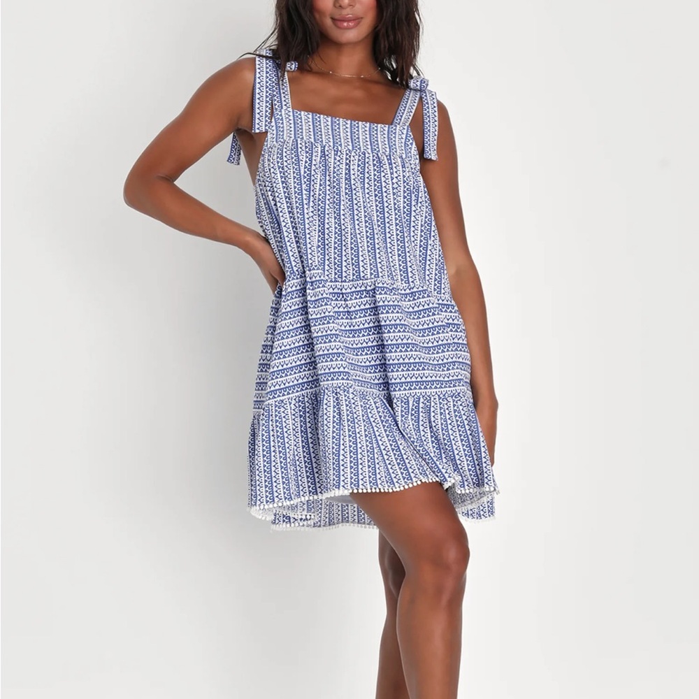 Lulu’s Chic in Santorini Blue and White Tie-Strap Dress With Pockets